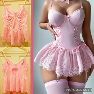 Maimoco The Beauty Inside Pink Babydoll Chemise Lingerie w Corset Lace.